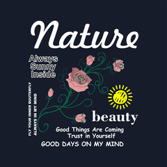 Rose graphic design with natural motifs. Vintage floral vector artwork for t-shirts and more.