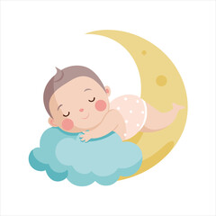 Cute baby peacefully sleeps on a cloud next to a crescent moon, evoking a sense of tranquility and dreams