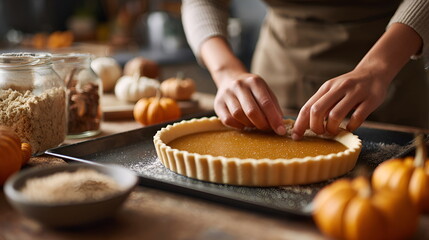 Woman preparing pumpkin pie in cozy kitchen with autumn decor  , autumn season
