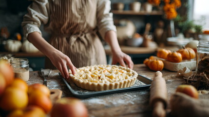 Woman preparing apple pie in rustic kitchen with autumn decor , autumn season