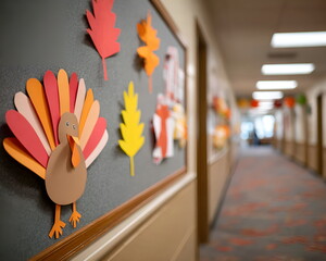 Thanksgiving decorations displayed on wall in school hallway, autumn season  