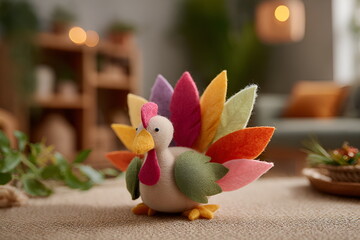 Felt turkey decoration with colorful feathers on table indoors  