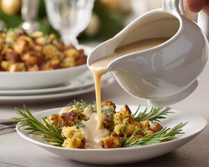 Gravy being poured over stuffing garnished with rosemary on table  