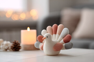 Decorative turkey figurine on table with candle and cozy background, autumn season  