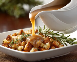Gravy pouring over stuffing with herbs in white bowl on table  