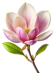 Closeup of a beautiful Magnolia flower with pink petals and green leaves