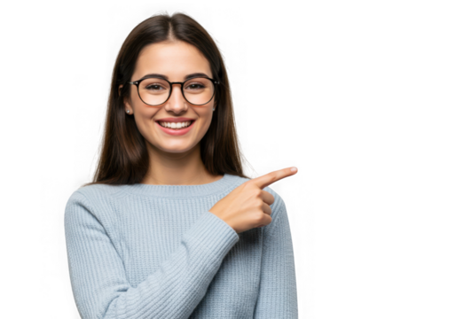 Woman smiling and pointing to the right on transparent background - Powered by Adobe