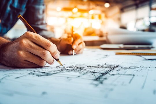 Architect drafting detailed building plans in a modern workspace - Powered by Adobe