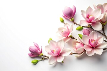 Elegant pink magnolia blossoms arranged on a clean white background creating a serene scene