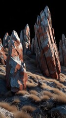 A cluster of sharp, elongated rock formations with striations of earthy reds, browns, and grays, standing on a light, sandy ground, suggesting a rugged and perhaps alien landscape. The texture of the 