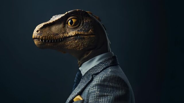 A humanoid figure with a lizard head wearing a suit, tie, and pocket square stands against a dark background, creating an unusual, anthropomorphic scene.
