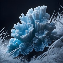 A detailed close-up of a light blue and white organic formation with a strong resemblance to coral or a frozen, feathery plant, exhibiting complex layered structures and fine textures, accompanied by 