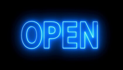 Neon blue sign with the word "OPEN