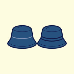 Two stylized navy blue bucket hats with light blue stripes on beige background