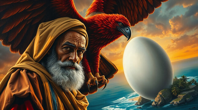 Sinbad the Sailor with a giant red roc and its massive egg, mythical adventure scene in rocky desert landscape &ndash; illustration for the fairy tale "The Seven Voyages of Sinbad the Sailor"