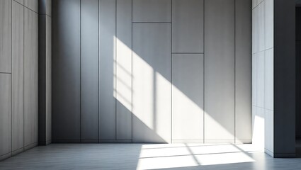 Modern interior with dramatic sunlight casting shadows on textured walls