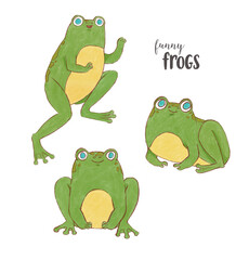 Hand drawn watercolor frogs set. Catroon childish frog characters illustrations, isolated on the white background