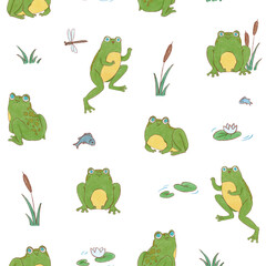 Cute hand drawn watercolor seamless pattern with frogs and river elements. Repeated design for children textile, wallpaper, stationery, wrapping paper