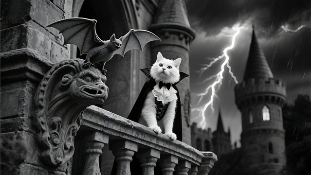 White cat dressed as vampire on castle balcony during stormy night, Halloween gothic fantasy scene, black and white photography