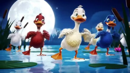Five cartoon ducks dance joyfully by a moonlit pond, their vibrant colors contrasting against the serene night scene. - Powered by Adobe
