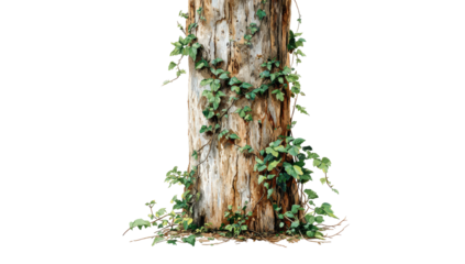 A weathered tree trunk, densely covered in vibrant green ivy, rising from the ground