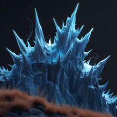 A large, prominent formation of intensely glowing icy blue crystals, extremely jagged and spiky, bursts forth from a desaturated landscape with visible reddish-brown hues. The light from the crystals 