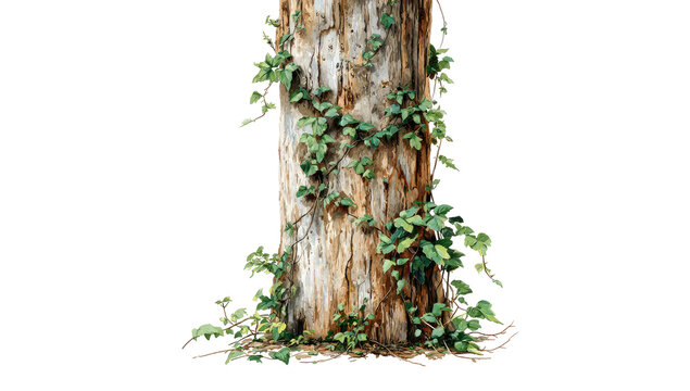 A weathered tree trunk, densely covered in vibrant green ivy, rising from the ground
