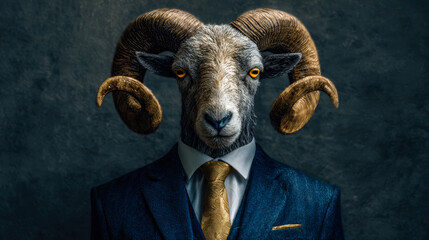Anthropomorphic goat in business attire with large curled horns