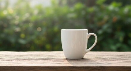 Obraz premium White Ceramic Coffee Mug on Wooden Surface in Outdoor Setting