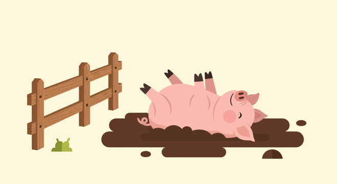 Cute Cartoon Pig Rolling Happily in a Mud Puddle Next to a Wooden Fence