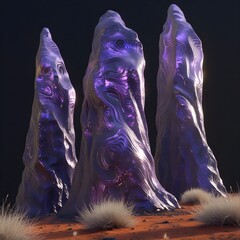 Three tall, organic-looking pillars of translucent material, primarily in shades of purple with swirling internal patterns, stand on a light, textured ground, against a dark, featureless background. T