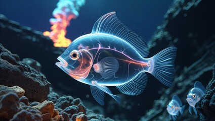 Glowing fish in deep ocean near underwater volcano