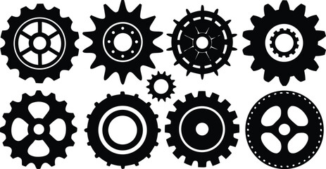 Gear icon vector set, black cogwheel vector collection, mechanical gear shapes, engineering symbols