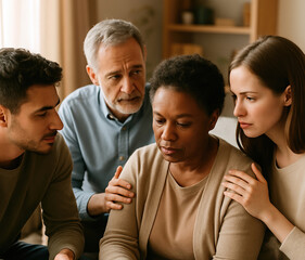 A diverse group of family members comforting a sad older woman at home during a difficult time.