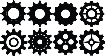 Gear icon vector set, black cogwheel vector collection, mechanical gear shapes, engineering symbols