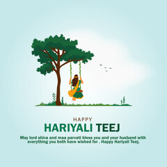 Happy Hariyali Teej Illustration with Woman on Swing Under Green Tree