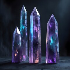 A trio of elongated, pointed crystals, primarily in shades of cool blue and purple, with some translucent areas, standing erect against a muted, dark background, highlighting their form and subtle int