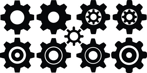 Gear icon vector set, black cogwheel vector collection, mechanical gear shapes, engineering symbols