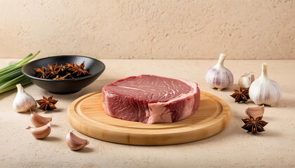 Raw beef steak on a wooden cutting board, surrounded by fresh ingredients such as garlic cloves and star anise