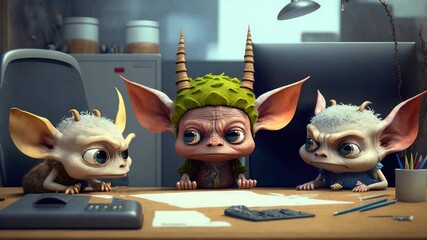 Three small fantasy creatures sit at a desk in a work environment. They observe paper on the wooden surface with pencils near them.
