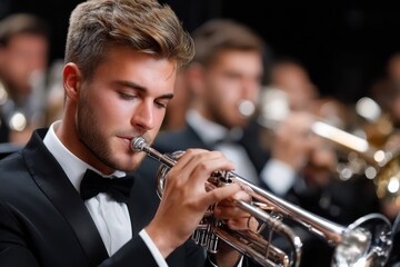 Obraz premium Young musician performs with trumpet in elegant ensemble at concert hall setting