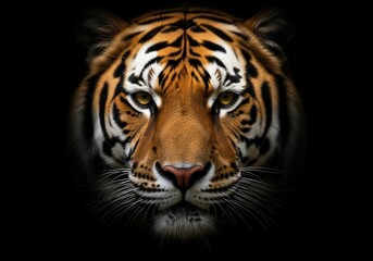 Powerful Tiger Gaze Detailed Headshot with Dramatic LowKey Lighting and Intense Expression.