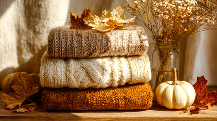 Cozy autumn scene with folded sweaters, pumpkins, and dried leaves for seasonal decor