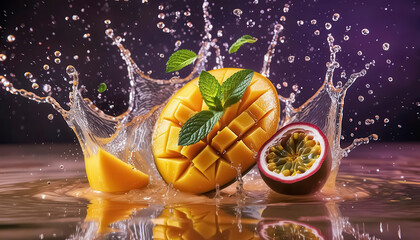 A vibrant scene of ripe mangoes and passion fruits falling amidst splashes of water