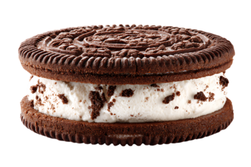 A delicious chocolate cookie ice cream sandwich with cream filling isolated on transparent background on transparent background