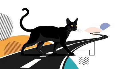 A black cat crossing a winding road, a modern vector illustration of a new path and journey.