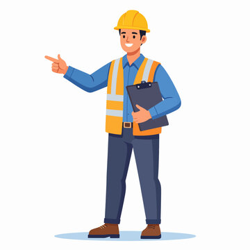 Construction worker with yellow hard hat and safety vest pointing to the left while holding a clipboard.
