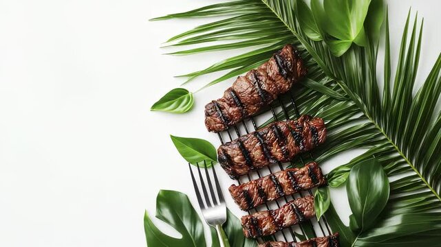 Grilled meat skewers with dark grill marks are placed on a wire rack over green tropical leaves, accompanied by a silver fork on a white background.