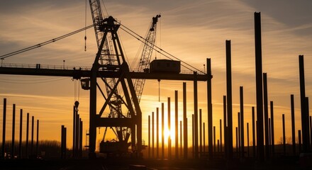 Crane and steel columns in warm sunset industrial scene