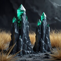 A striking cluster of emerald green crystals emerges from a dark, rock-like base, set against a blurred background of a desaturated landscape with hints of dry grass. The crystals have a faceted, some
